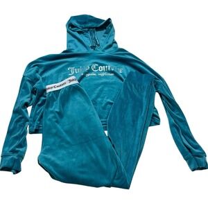 Juicy‎ Couture Velour Sleepwear Set Teal Logo Hoodie Pants Y2K Size L